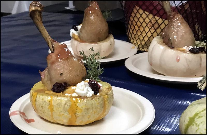 Steamed gourd stuffed with pumpkin risotto and smoked chicken leg. JACK CLEMONS PHOTOS